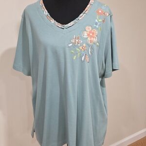 Alfred Dunner Embroidered V-Neck Top - Light Blue
